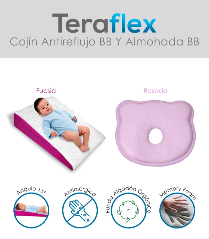 COJIN ANTIREFLUJO + ALMOHADA ANTICABEZA PLANA BEBÉ ROSADO TERAFLEX