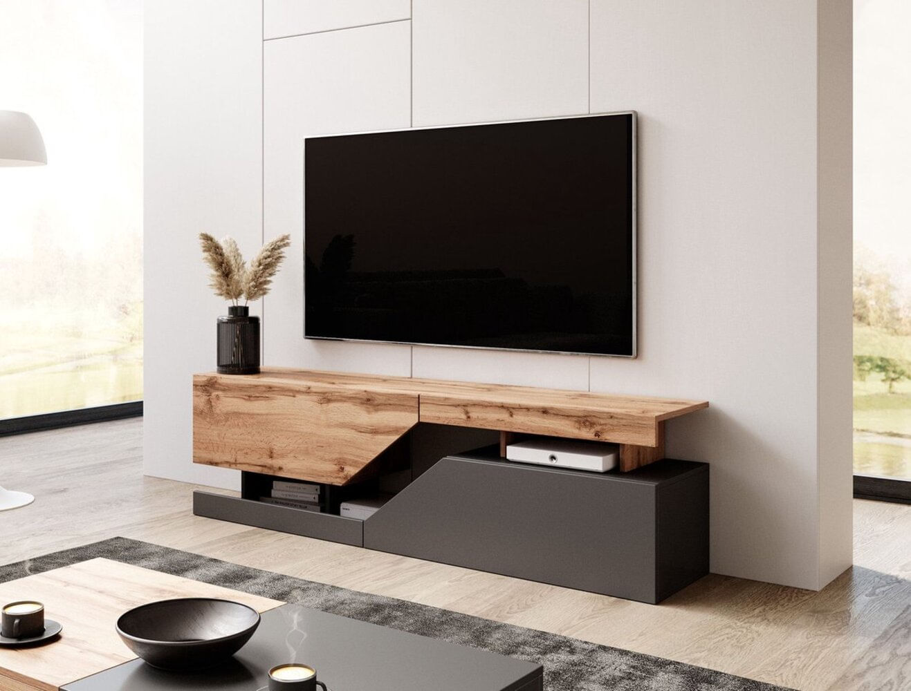 Mesa de Tv Moderna Alexis 2 puertas color Negro/Roble TU MESITA
