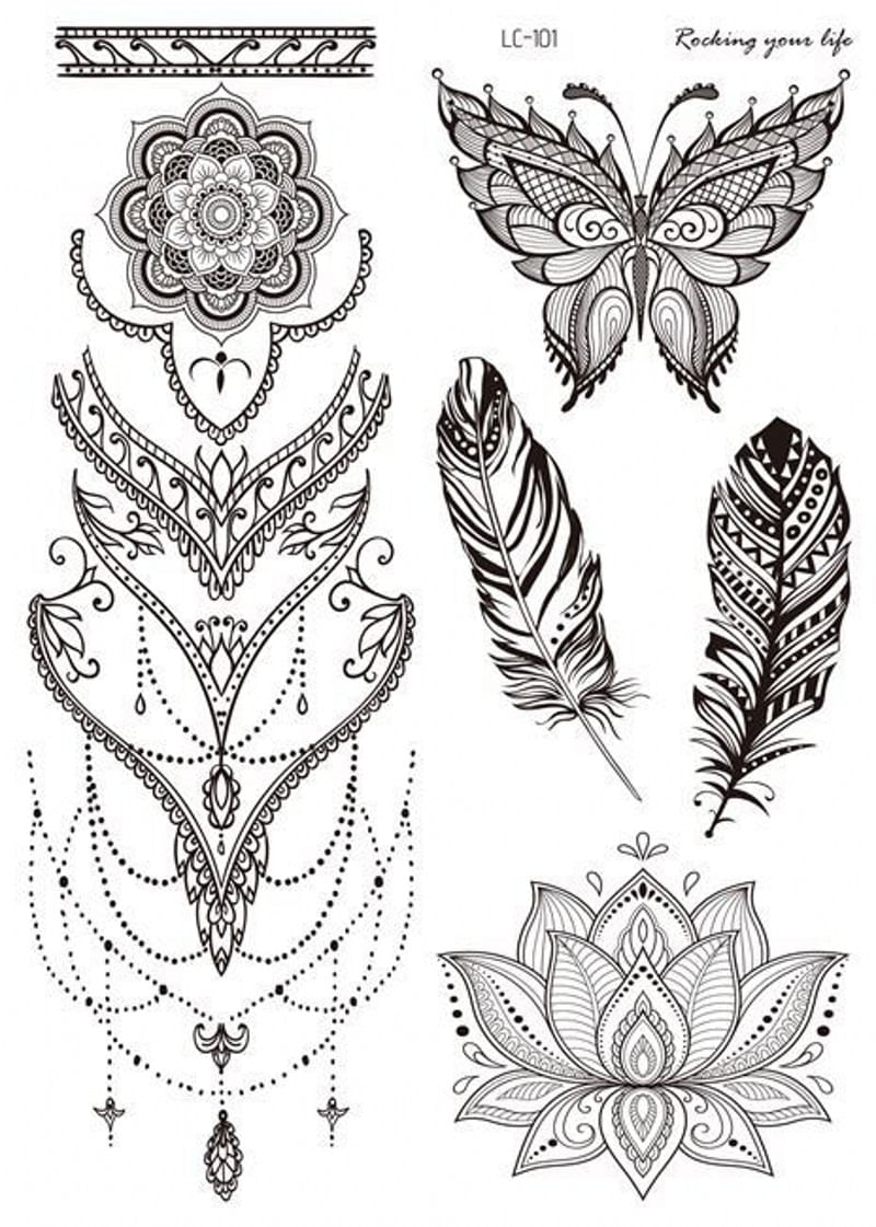 Tatuaje temporal falso mariposa plumas flor de loto mandalas 21 x 15cm