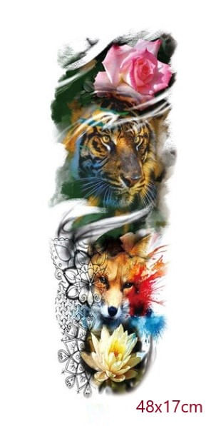 Tatuaje manga temporal falso tigre zorro flores