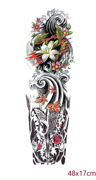 Tatuaje manga temporal falso flores mar olas