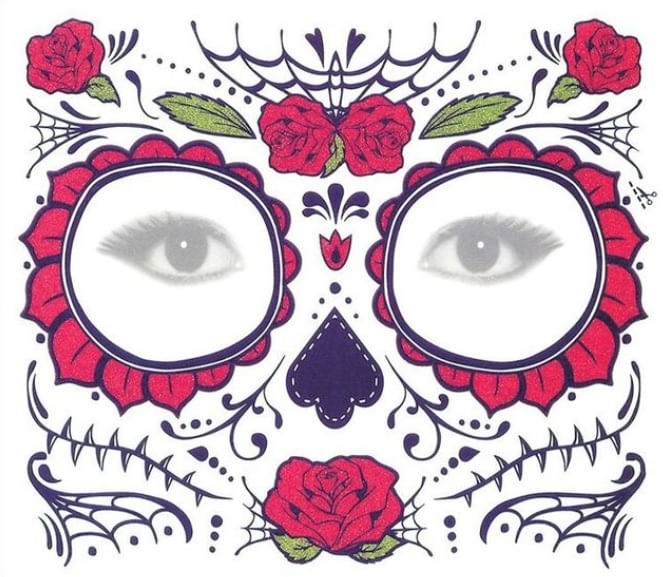 Sticker Tatuaje Temporal Catrina rosas rojas disfraz Halloween