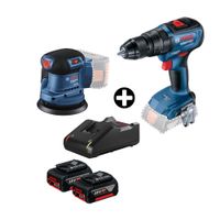 COMBO Taladro Percutor 18V Bosch GSB 18V-50 + Lijadora Orbital GEX 185-LI Bosch + 2 Baterías 18V 4AH + Cargador Bivolt Bosch