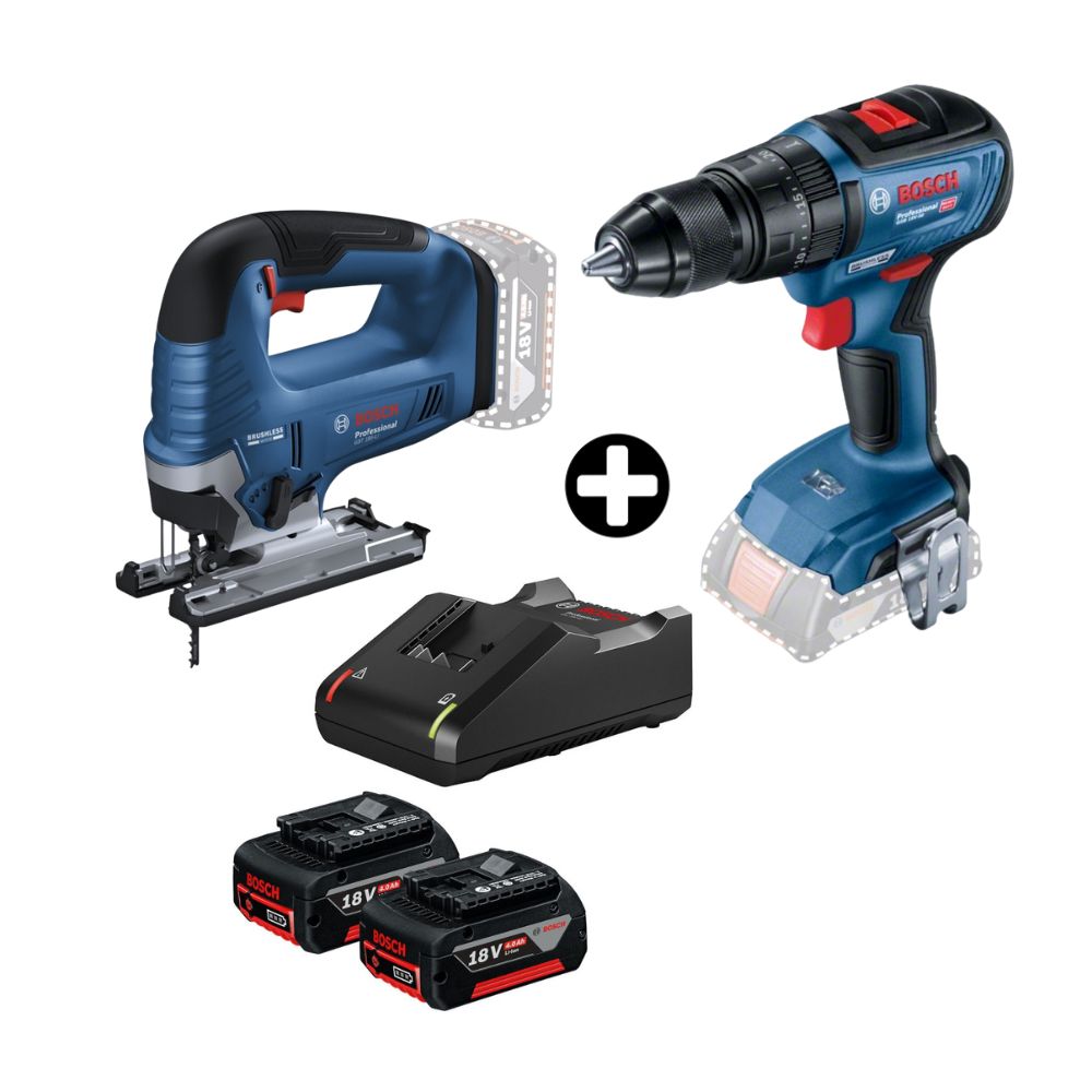 COMBO Taladro Percutor 18V Bosch GSB 18V-50 + Sierra Caladora 18V GST 185-LI Bosch + 2 Baterías 18v 4ah + Cargador Bivolt Bosch
