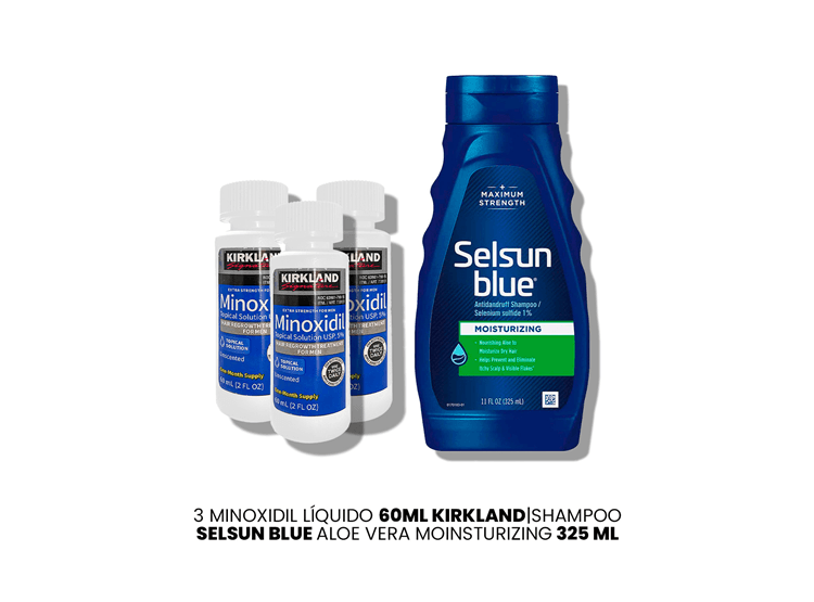 3 Minoxidil Líquido Kirkland|Shampoo Selsun Blue Con Aloe Vera 325 ml
