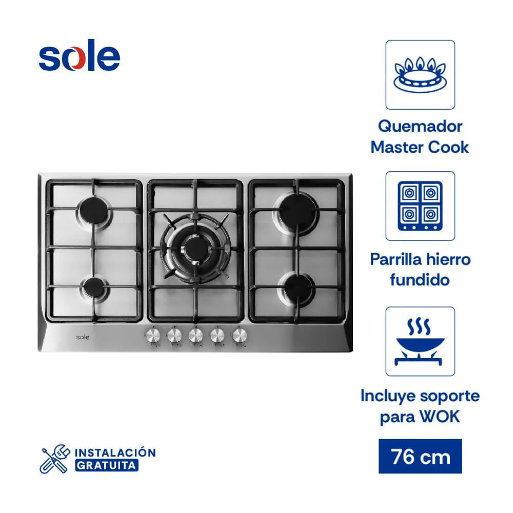 ENCIMERA A GAS SOLCO038 86 CM 5 QUEMADORES (MUNDO ELECTRONICO)