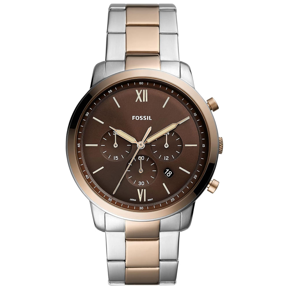 Reloj Fossil Neutra FS5869 Fecha Cronometro Acero Inoxidable Plateado Oro Rosado Dial Marron
