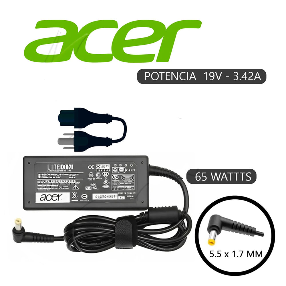 Cargador Laptop Compatible Acer Punta Amarilla 19v 342a 55x17m 65w
