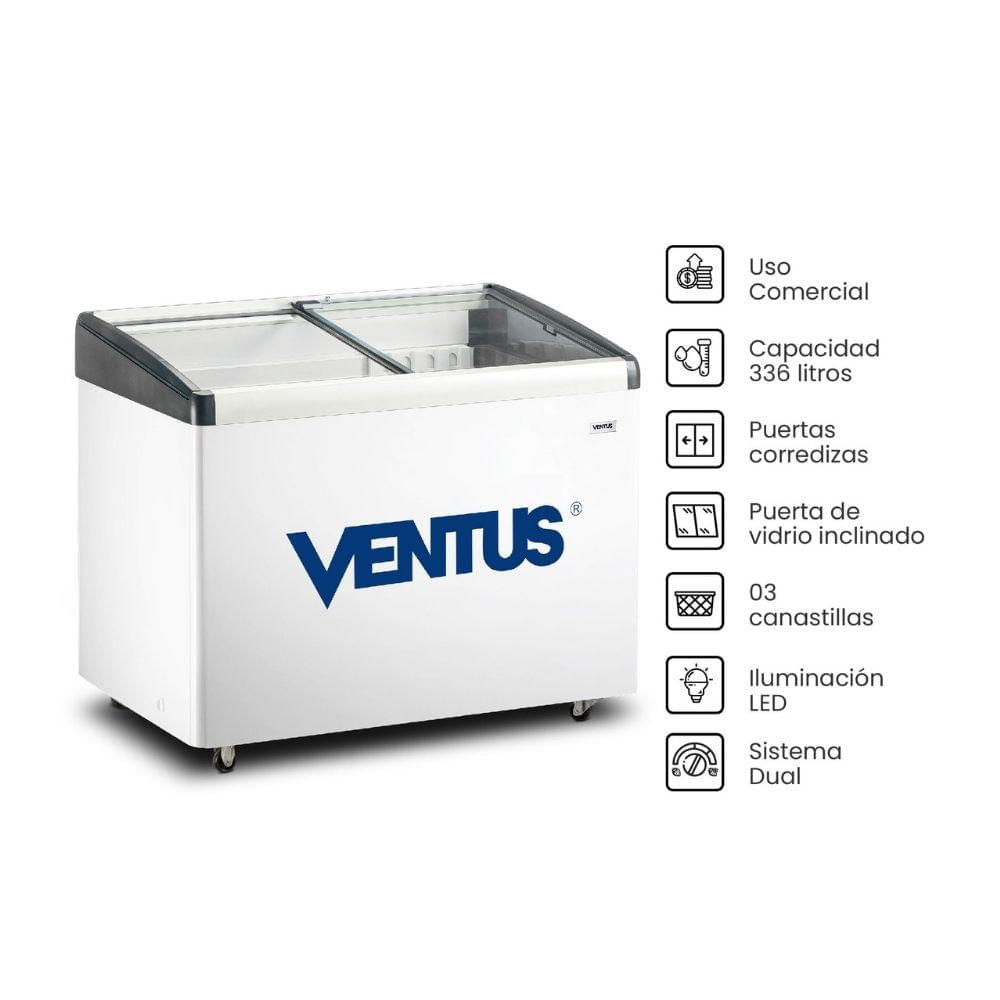 Congeladora Ventus tapa de vidrio inclinado 300 litros