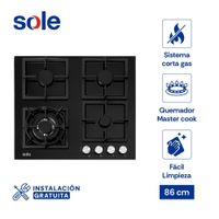 Encimera Empotrable a Gas Sole SOLCO040 4 Quemadores con Vidrio Templado y Parrillas de Hierro Fundi