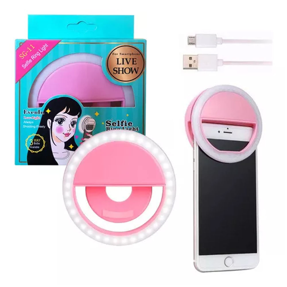 Mini Aro Selfie Anillo Luz Led con Clip para Celular Rosado