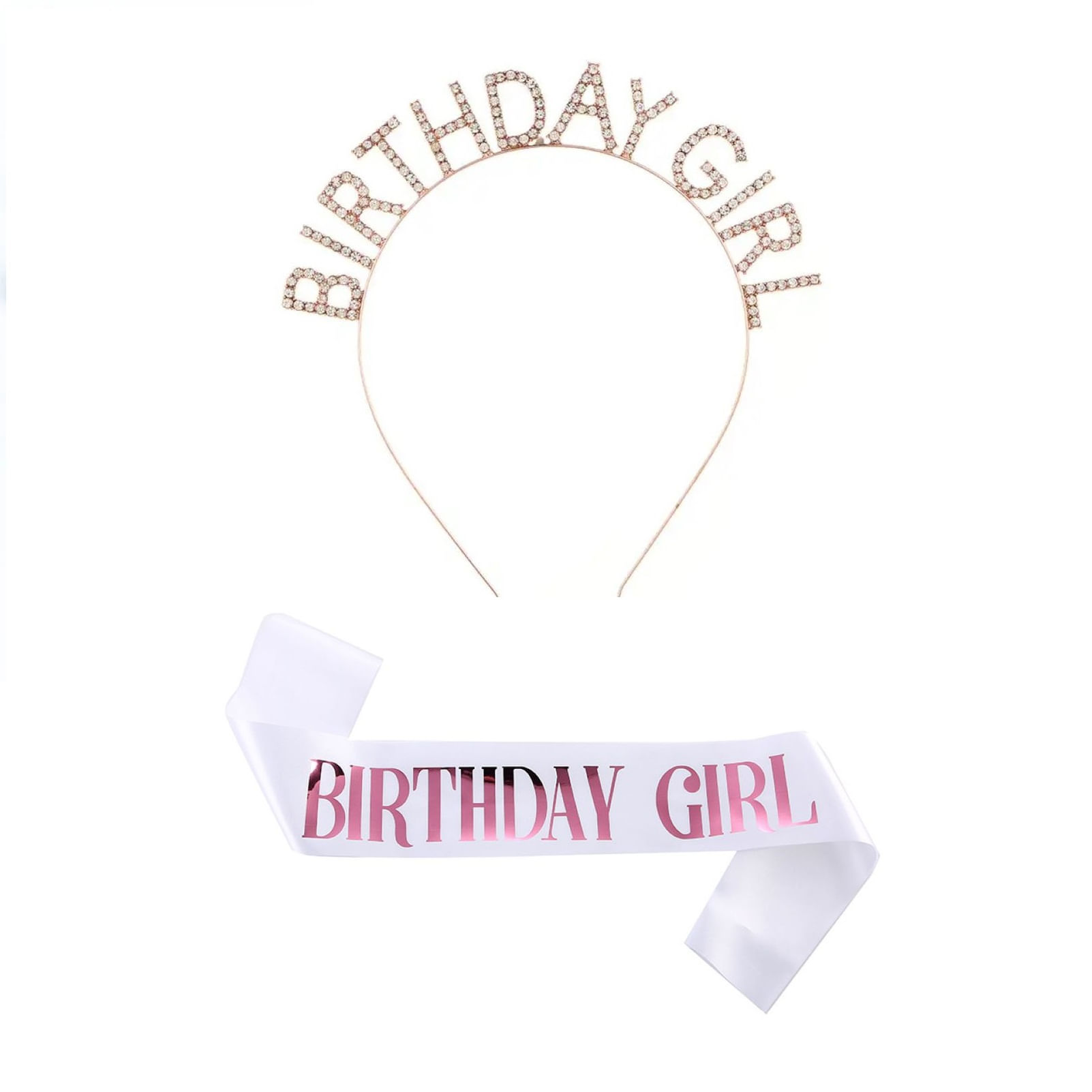 Set vincha y banda cumpleaños Birthday Girl blanco y rosado