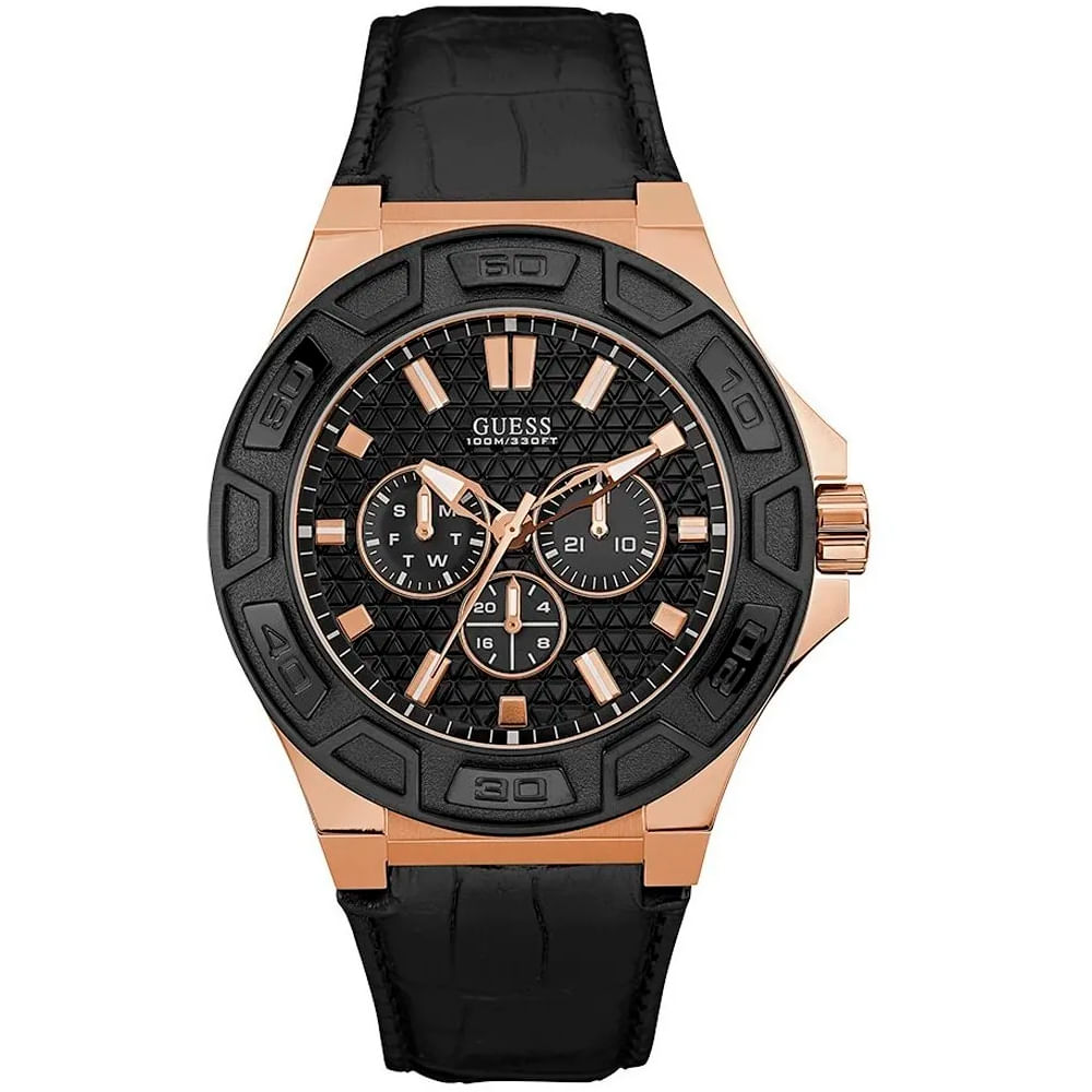 Reloj Guess Force W0674G6 Multifuncional Correa de Cuero Negro Dorado