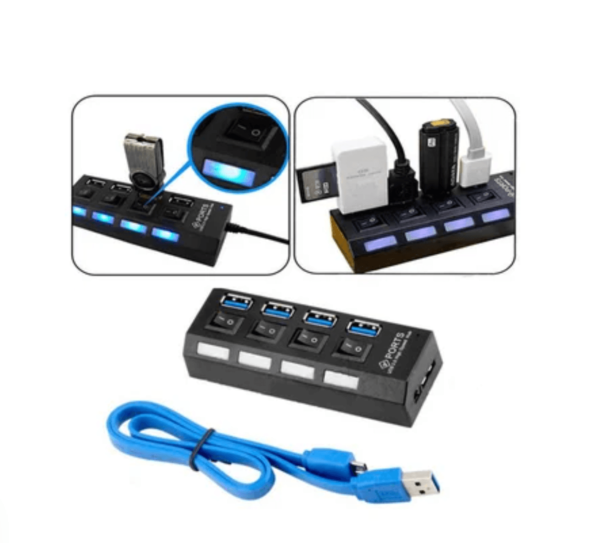 Hub 4 Puertos Independientes 3.0 Usb Botón Encendido Cada Puerto Negro