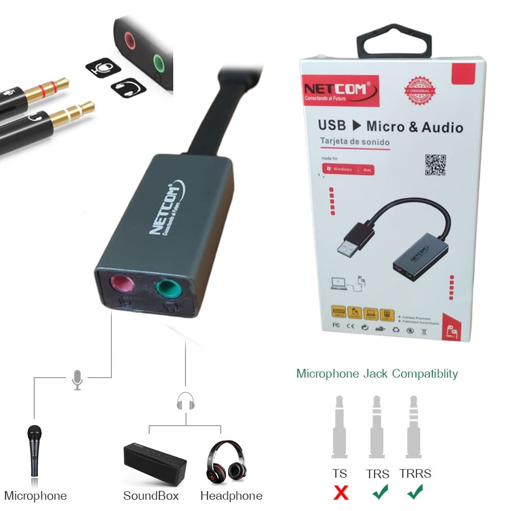 Tarjeta de Sonido Externa USB Microfono y Audifono Netcom