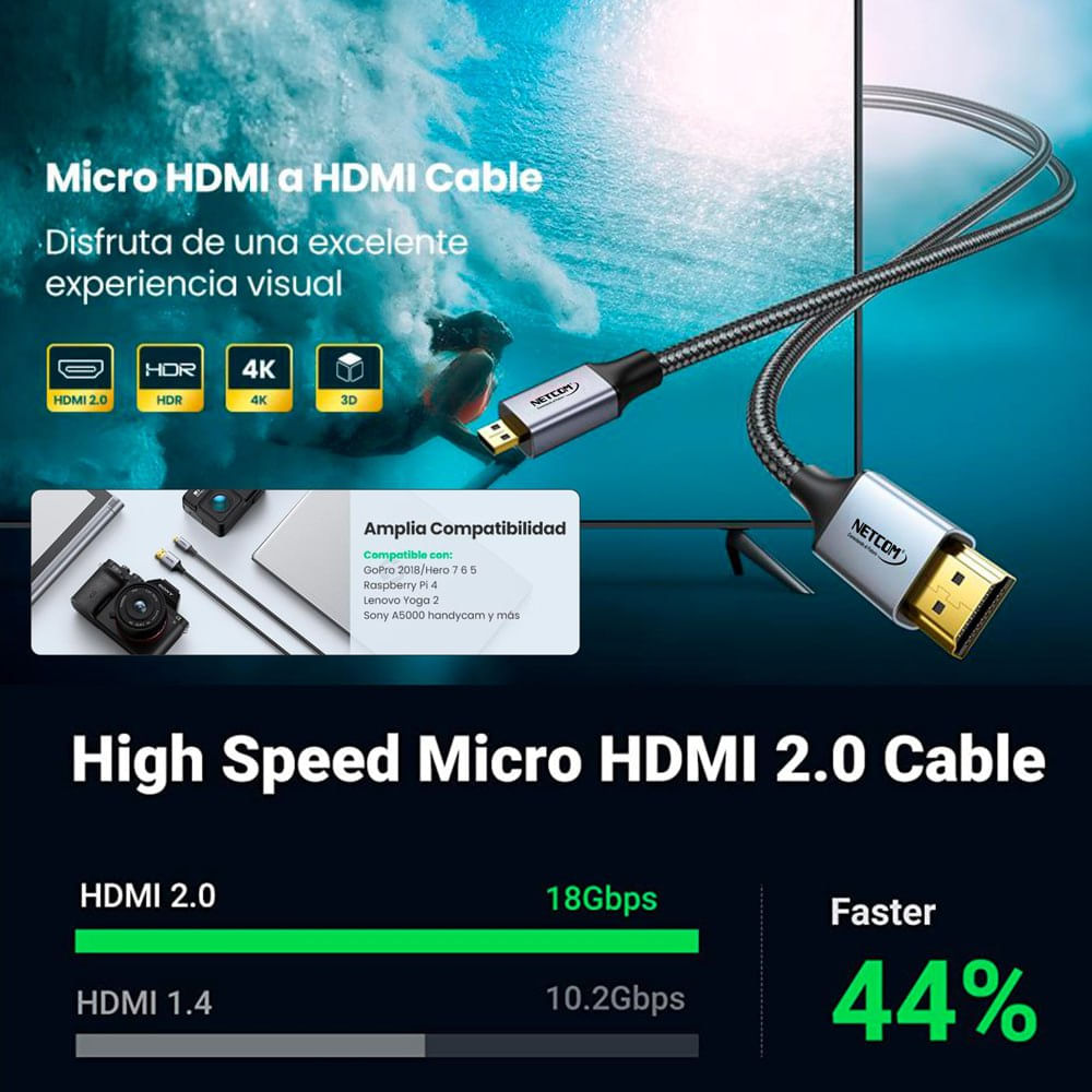 Cable Micro Hdmi a Hdmi 3 Metros NETCOM 2.0 4K 60 Hz ULTRA HD eARC