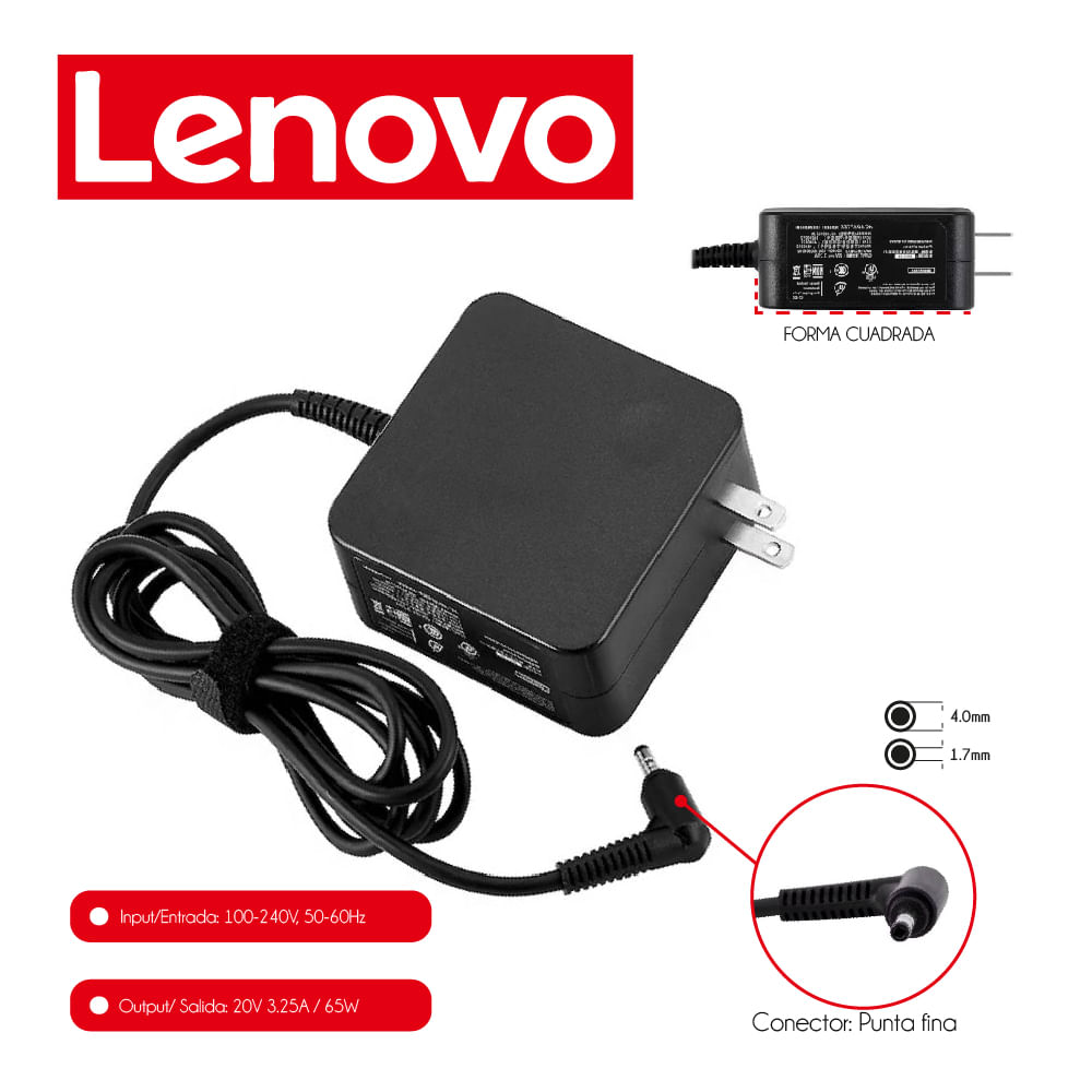 Cargador Genérico Lenovo 20V 3.25A 65W Retráctil Punta Negra