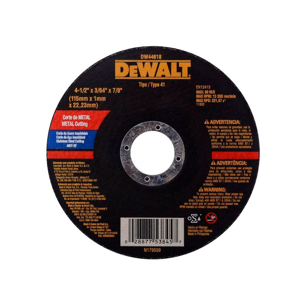 Disco de Corte 4 1/2"" x 7/8"" x 3/64"" Dewalt DW44618