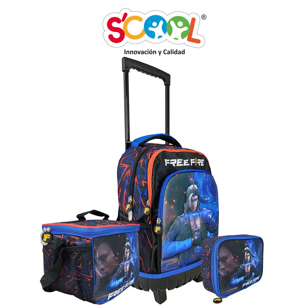 Pack Mochila Con Ruedas + Lonchera + Cartuchera Free Fire Plus Eva 3D