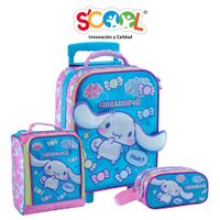 Pack Mochila Con Ruedas + Lonchera + Cartuchera  Cinamoroll Grande De Tela