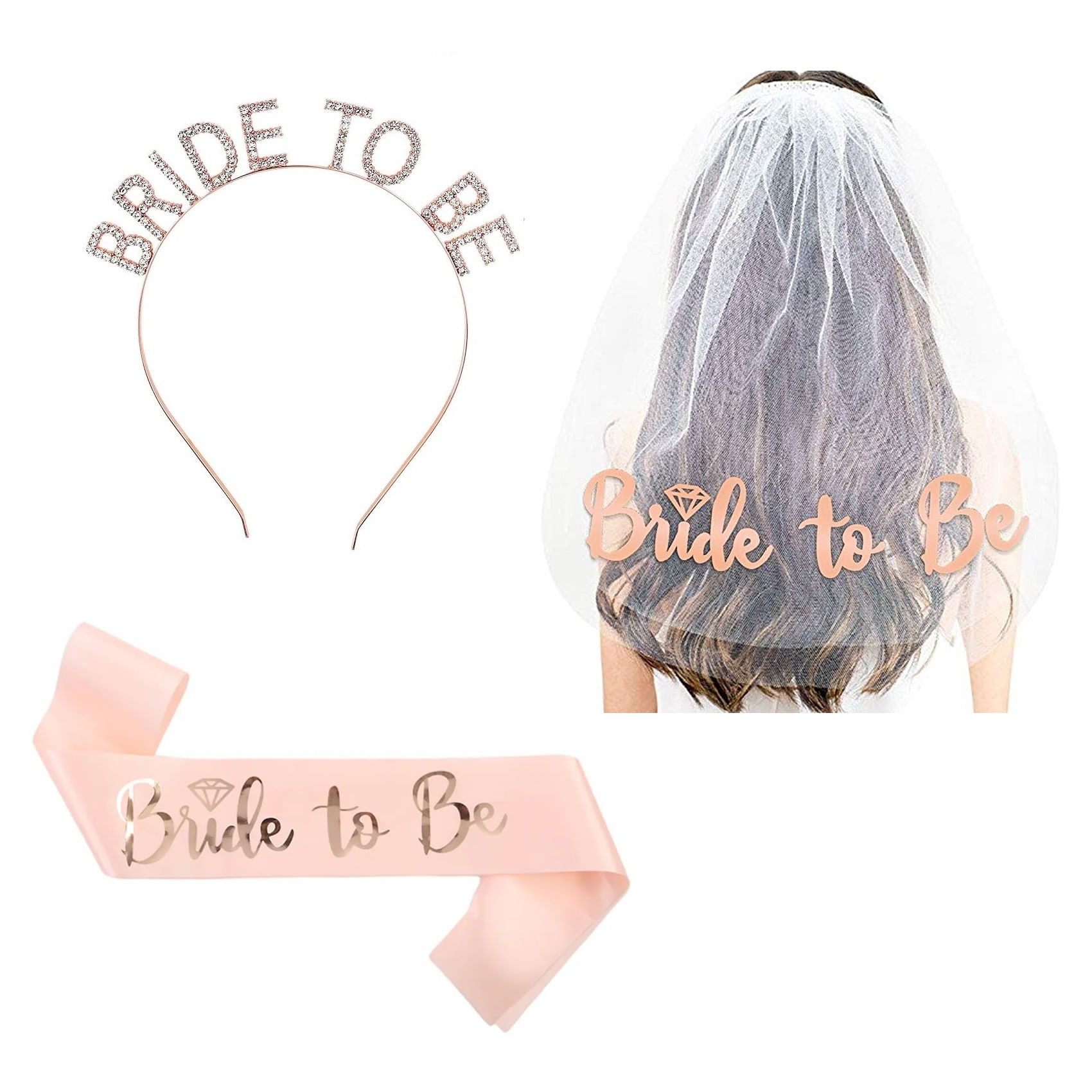 Set x 3 accesorios novia bride to be despedida de soltera velo, vincha y banda oro rosa