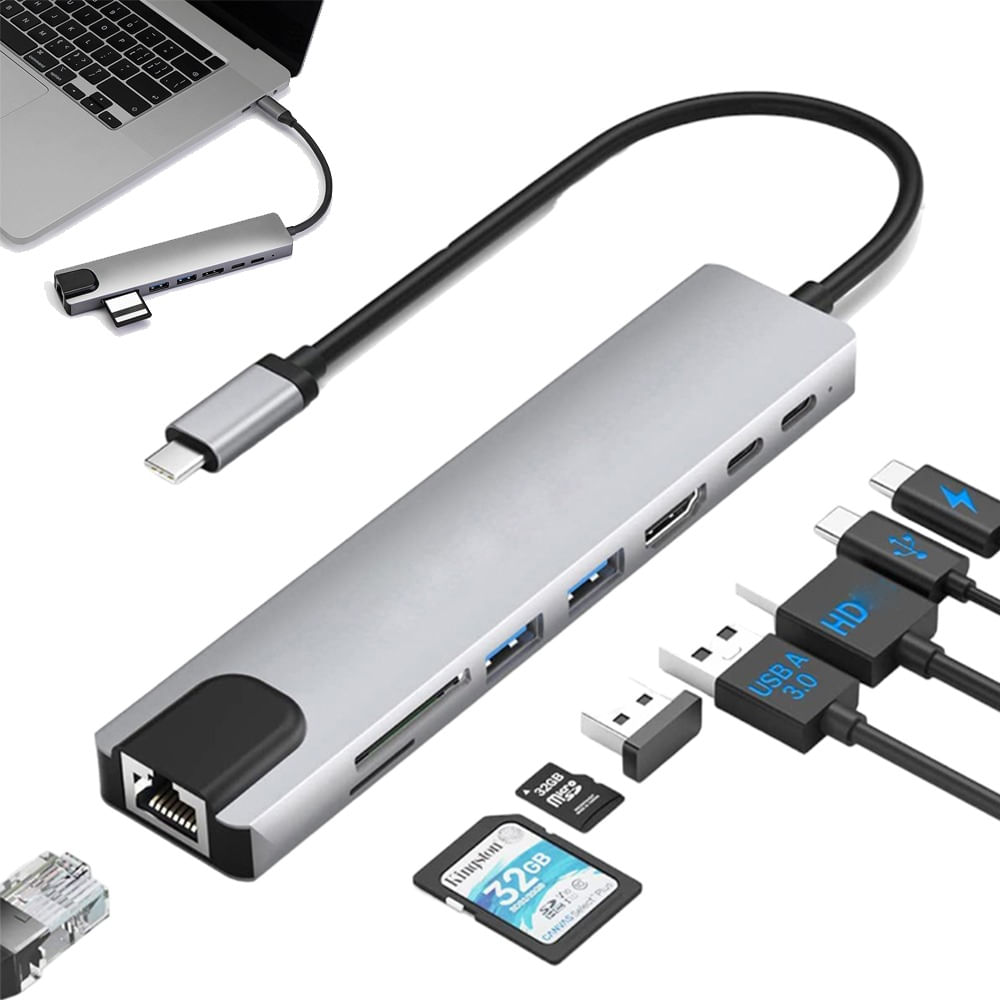 Adaptador Tipo C A Hmdi 4k Usb 3.0 Lan 8 En 1 Multipuerto SD TF