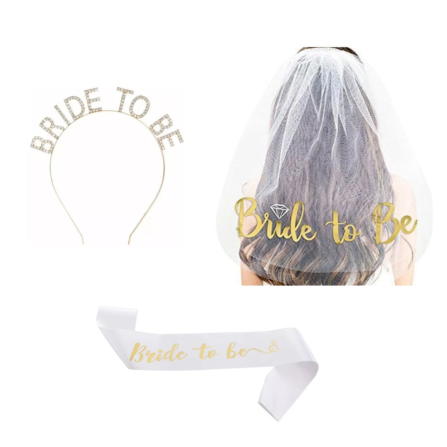 Set x 3 accesorios novia bride to be despedida de soltera velo, vincha y banda dorado