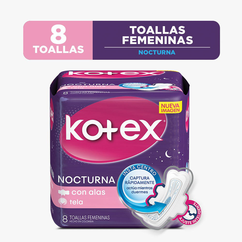 Toallas Higiénicas Kotex Nocturna Con Alas - Bolsa 8 UN
