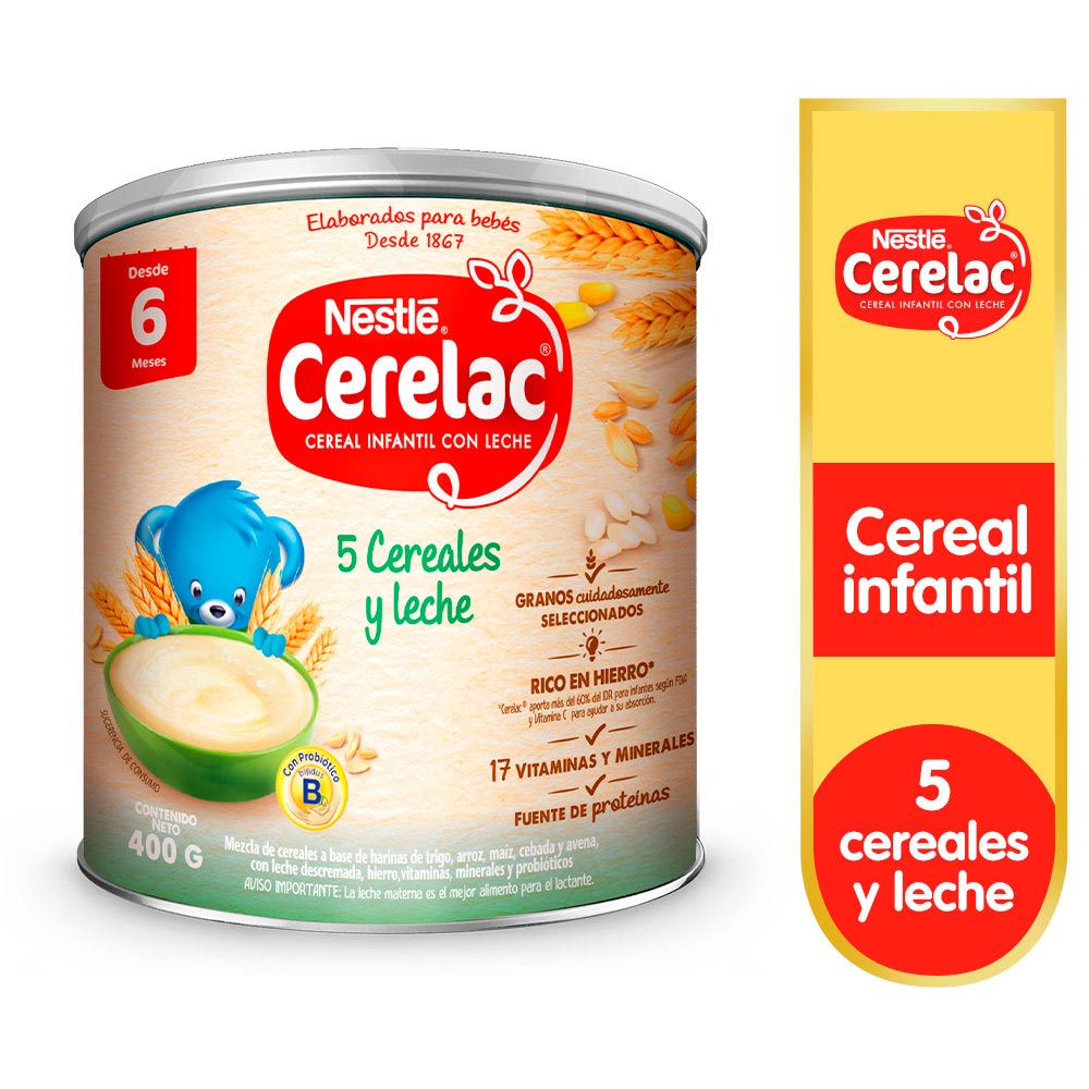 Cereal Infantil CERELAC® 5 Cereales y Leche - Lata 400 G