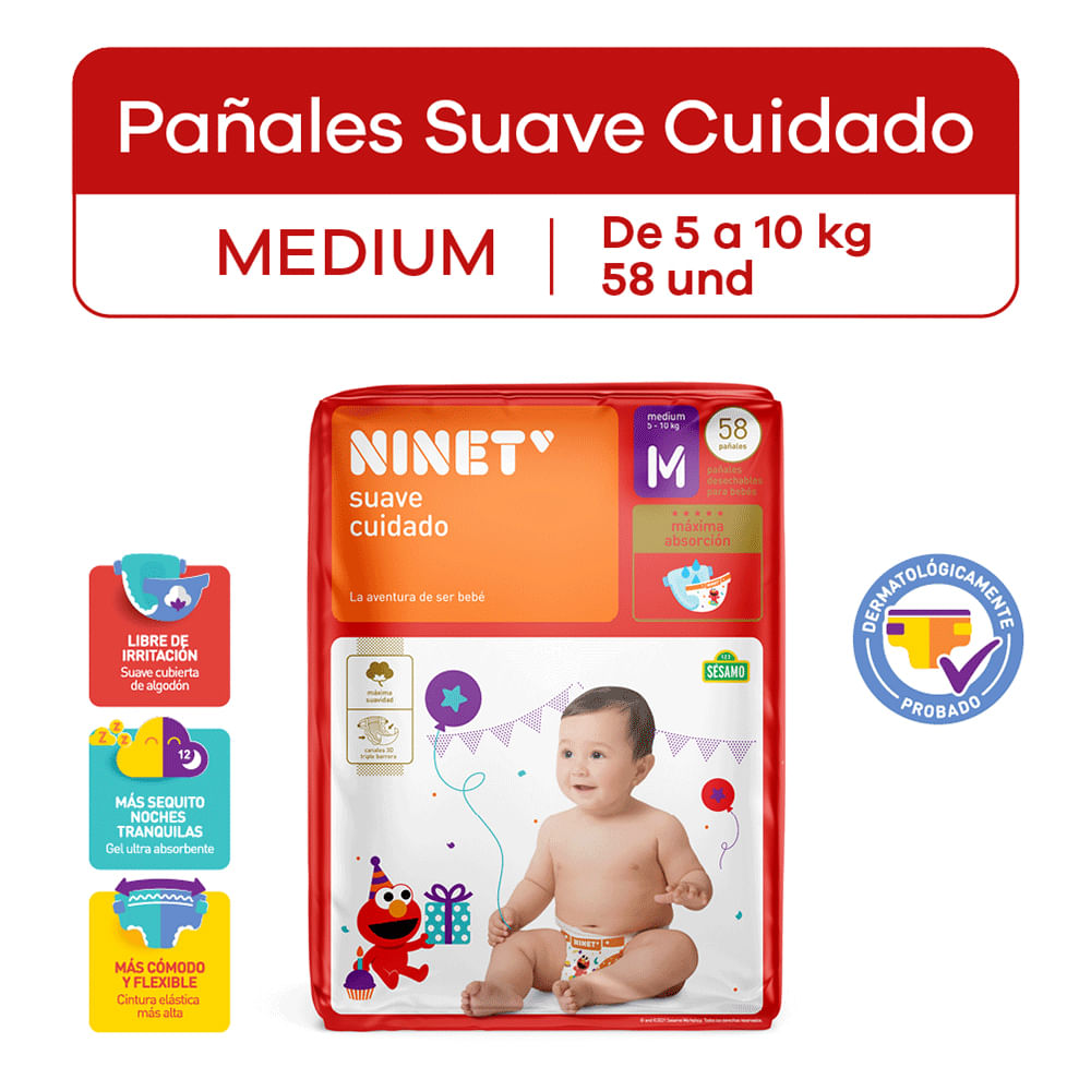 Pañales Ninet Suave Cuidado Talla M - Bolsa 58 UN