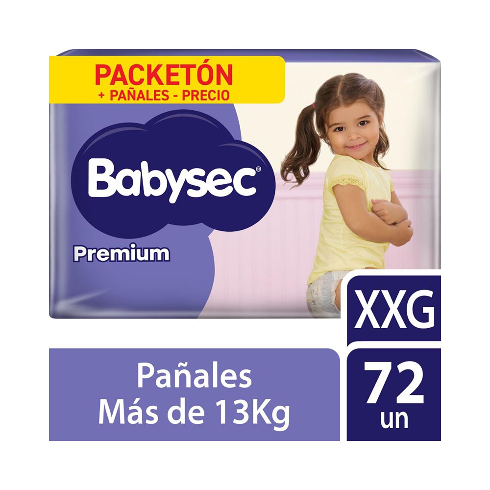 Pañal Babysec Premium Super Mega Talla XXG - Paquete 72 UN