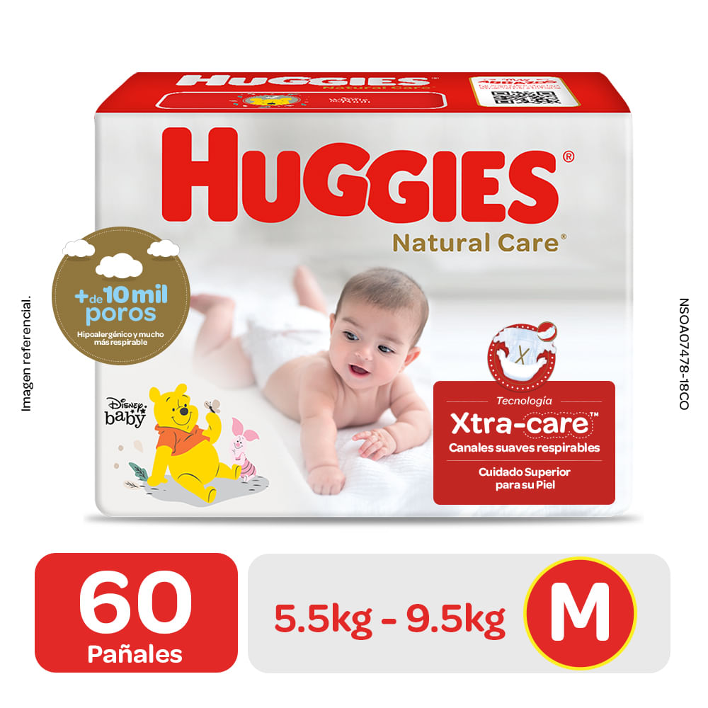 Pañales Huggies Hiperpack Natural Care Unisex Talla M - Bolsa 60 UN