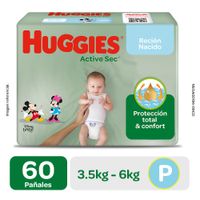 Pañal Huggies Active Sec Primeros Días Talla P - Bolsa 60 UN