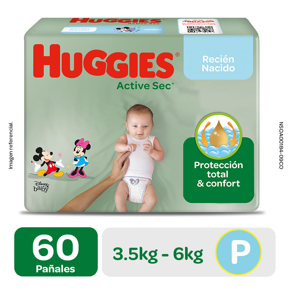 Pañal Huggies Active Sec Primeros Días Talla P - Bolsa 60 UN