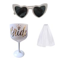 Combo playero novia despedida de soltera copa, lentes corazones y velo blanco
