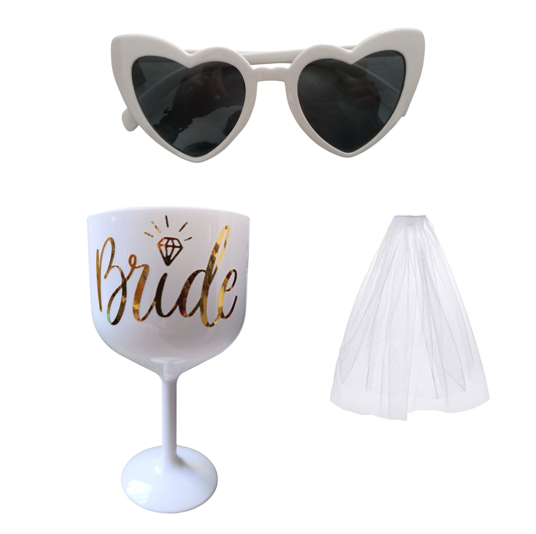 Combo playero novia despedida de soltera copa, lentes corazones y velo blanco