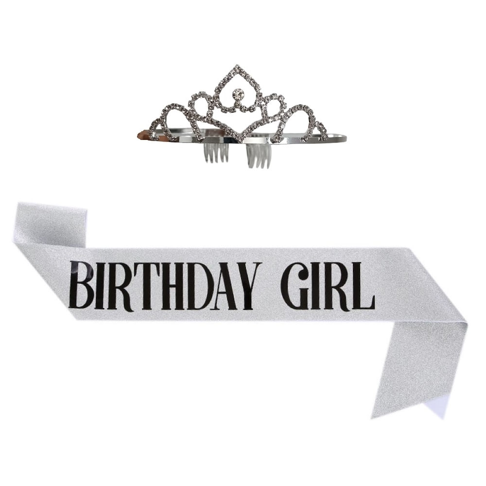 Set tiara y banda cumpleaños escarchada plateada Birthday Girl