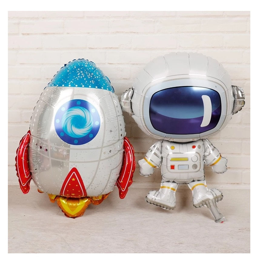 Set globos metálicos espaciales grandes cohete y astronauta