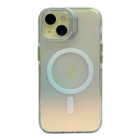 Case para iPhone 15 Pro con Magsafe para carga inalámbrica, soporte en la cámara, color tornasolado con borde verde
