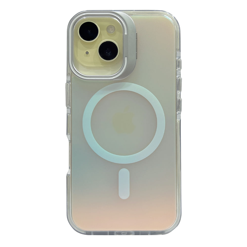 Case para iPhone 16 con magsafe para carga inalámbrica, soporte en la cámara, color tornasolado con borde blanco
