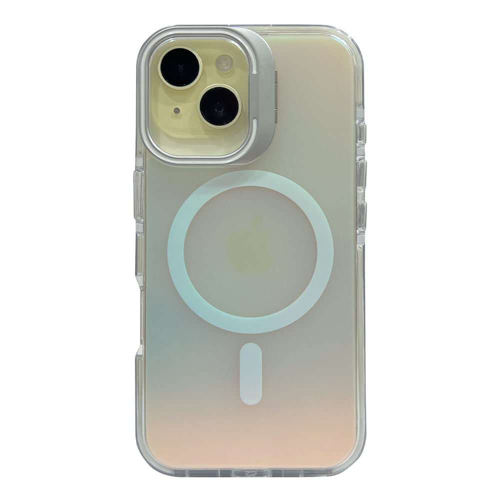 Case para iPhone 16 Pro Max con magsafe para carga inalámbrica, soporte en la cámara, color tornasolado con borde blanco