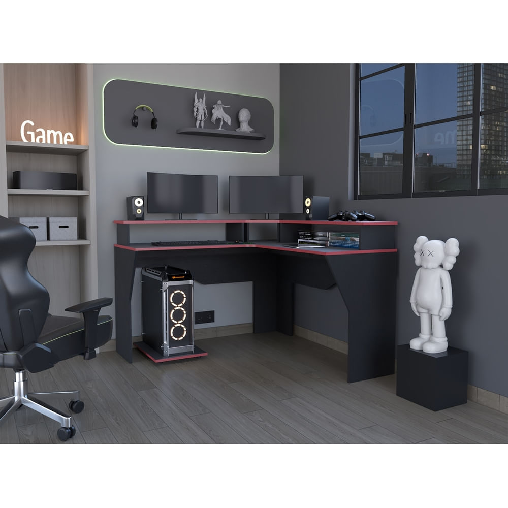 Escritorio Gamer En L Guma Wengue - Canto Rojo