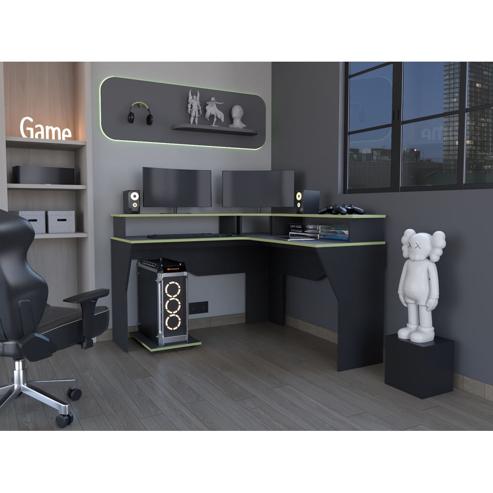Escritorio Gamer En L Guma Wengue - Canto Verde