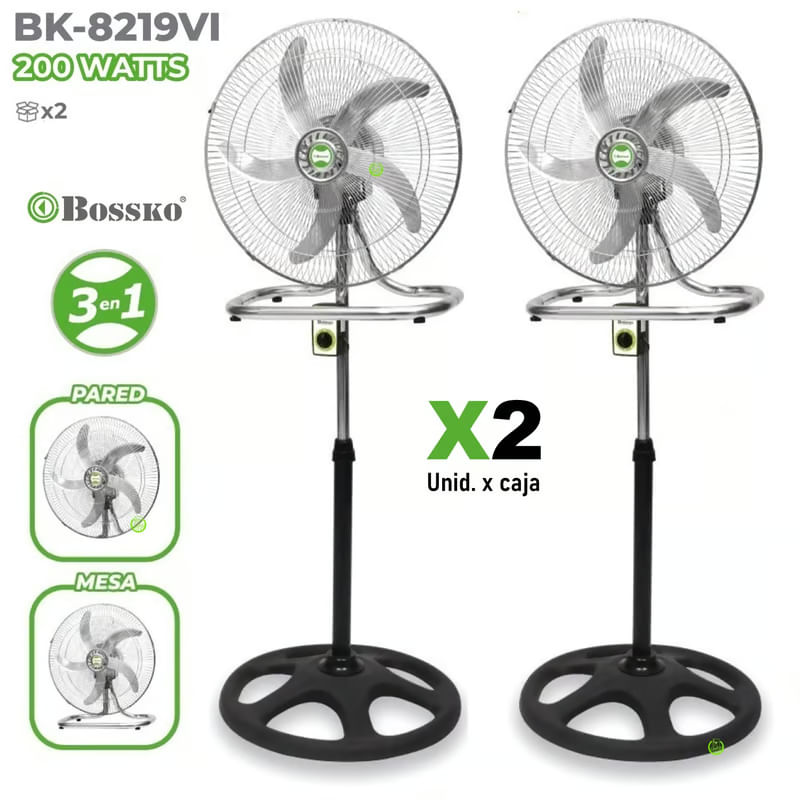 Ventilador BOSSKO 3 en 1 18"" 200W BK-8219VI - Paquete de 2 Unidades, Versátil y Potente (JYA)