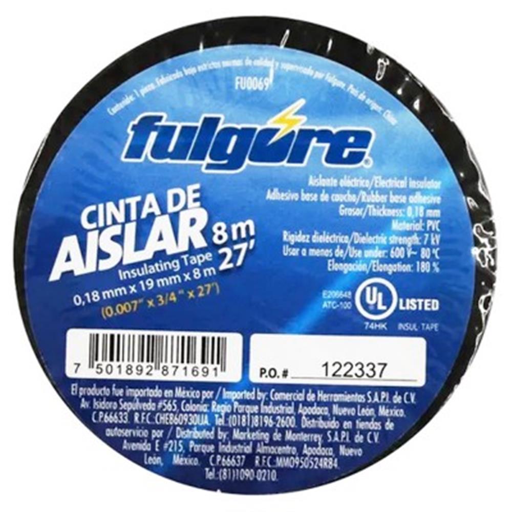 Cinta Aislante Negro 19MM X 8M FU0069 Fulgore