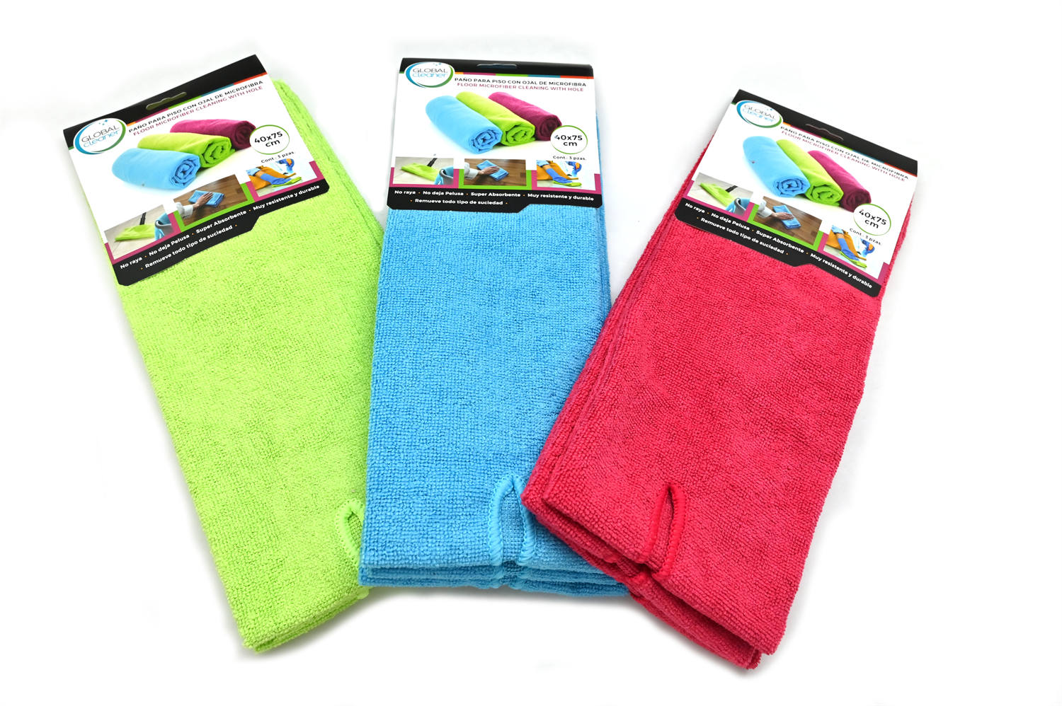 PAÑO PARA PISO CON OJAL DE MICROFIBRA 40X75CM PACKX3 COLORES SURTIDOS