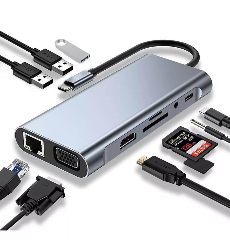 Hub Adaptador de Red 10 en 1 Tipo C 4k HDMI VGA Gigabit Multipuertos PD100W