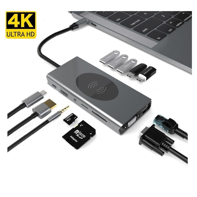 Hub Estacion 13 en 1 Tipo C Gigabit 4k Multiport carga Inalambrica