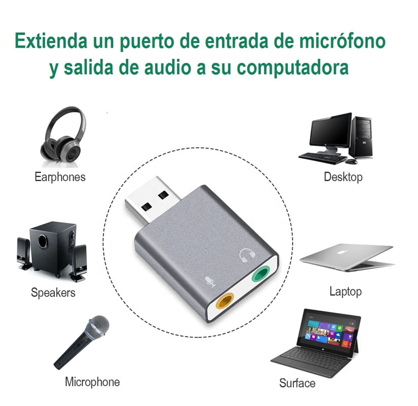 Adaptador de Audio y Microfono USB Tarjeta de sonido estereo - ALUMINIO