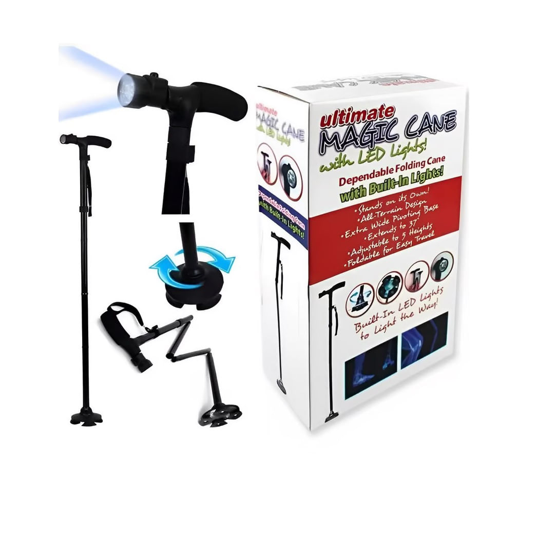 Bastón Ortopédico Plegable Con Luz Led – Magic Cane, Base Antideslizante Y Altura Ajustable